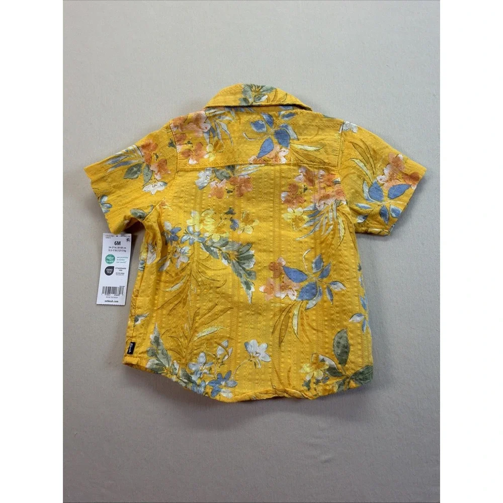 OshKosh B'gosh Floral Yellow Collared Short Sleeve Button-Up Shirt 6M Cotton